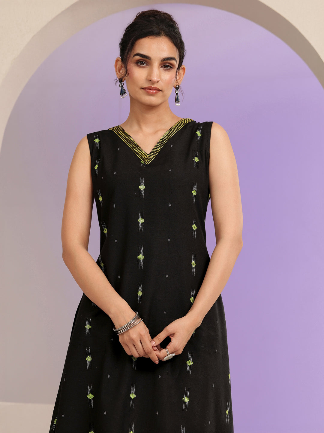  Black Woven Design Cotton Blend A-Line Kurta Set 