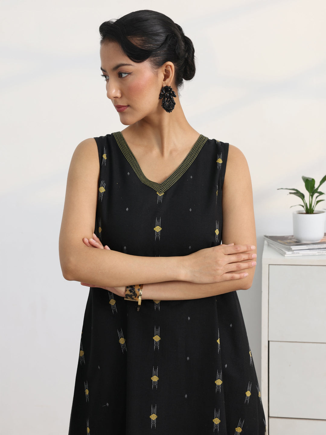  Black Woven Design Cotton Blend A-Line Kurta Set 