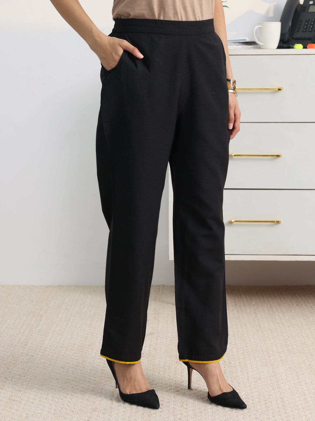  Black Woven Design Cotton Blend A-Line Kurta Set 