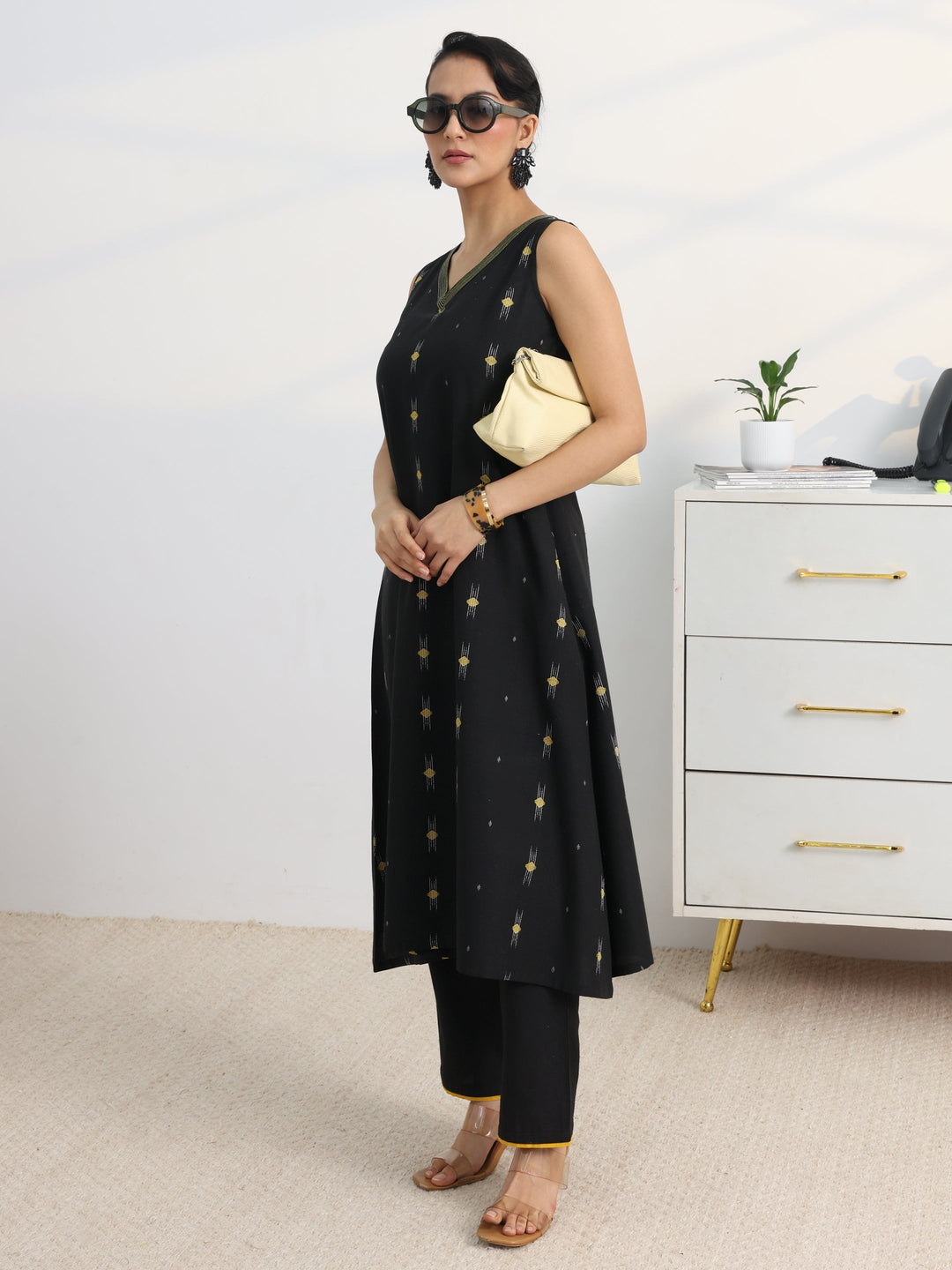  Black Woven Design Cotton Blend A-Line Kurta Set 