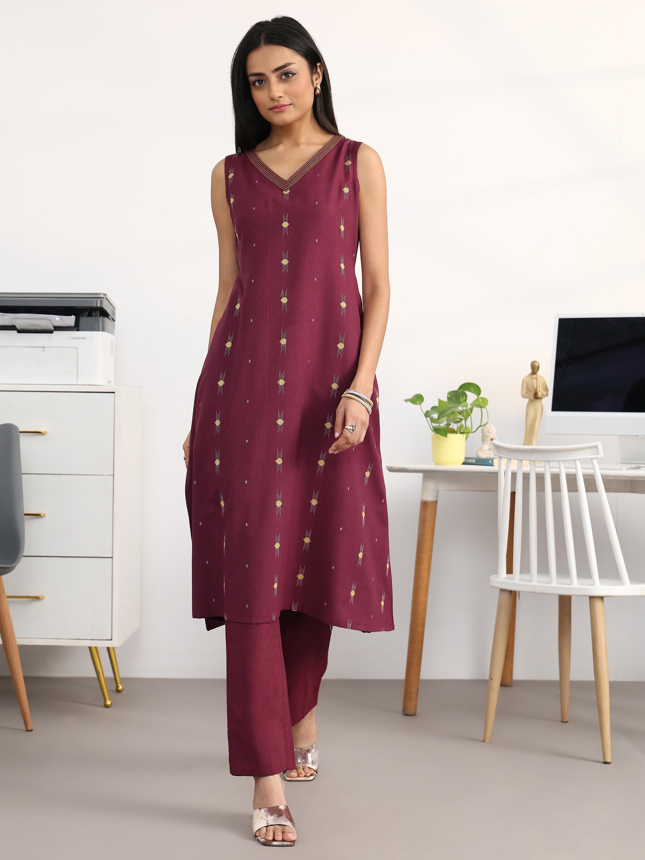 Maroon Ethnic Motifs Woven Design Cotton Blend A-Line Kurta Set-image-39