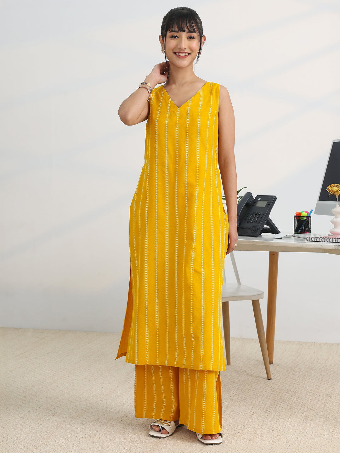  Mustard Woven Design Cotton Blend Straight Kurta Set 