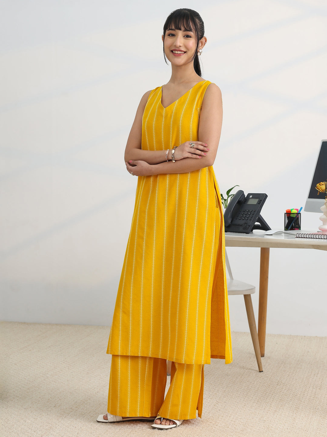  Mustard Woven Design Cotton Blend Straight Kurta Set 