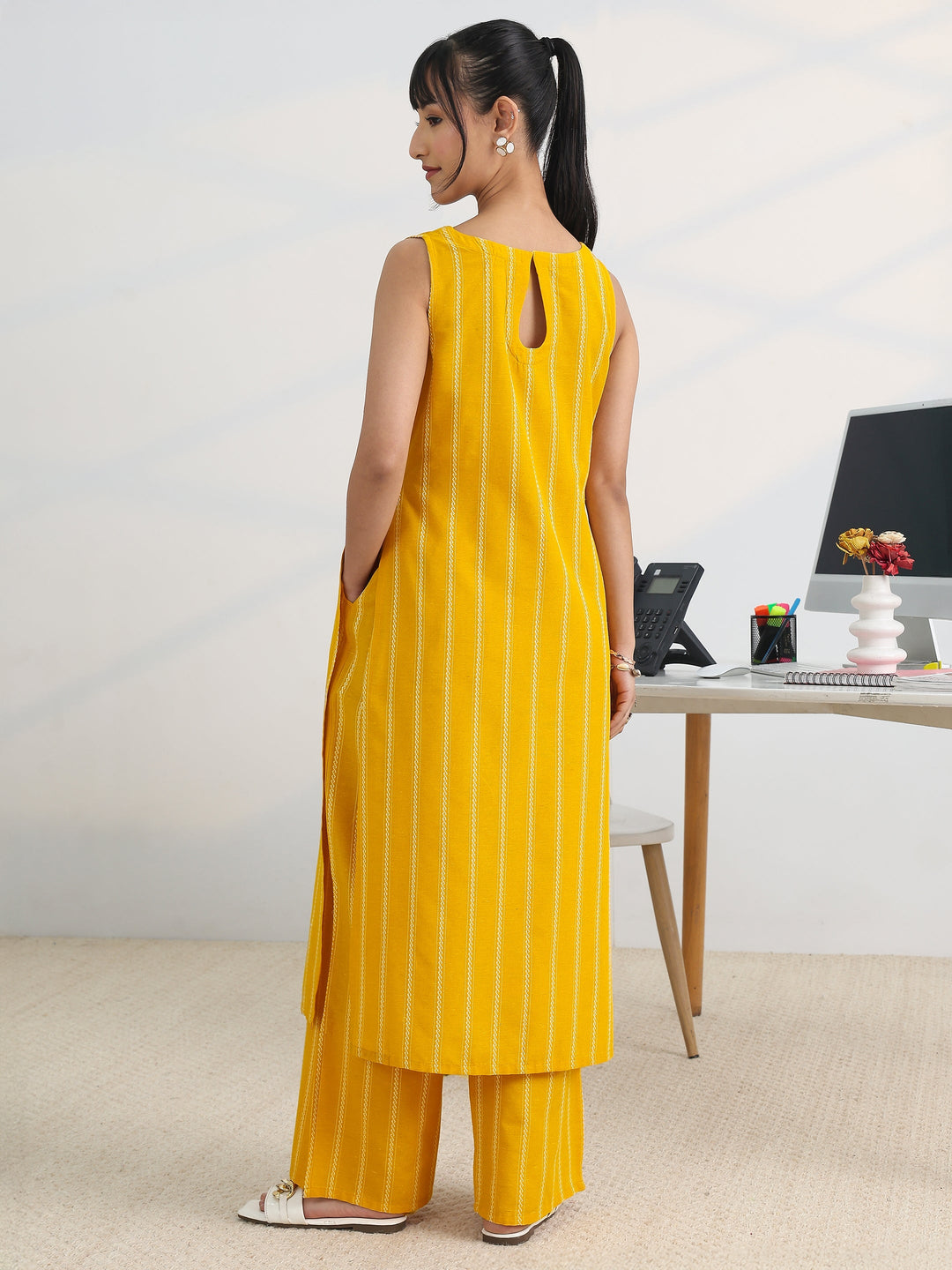  Mustard Woven Design Cotton Blend Straight Kurta Set 