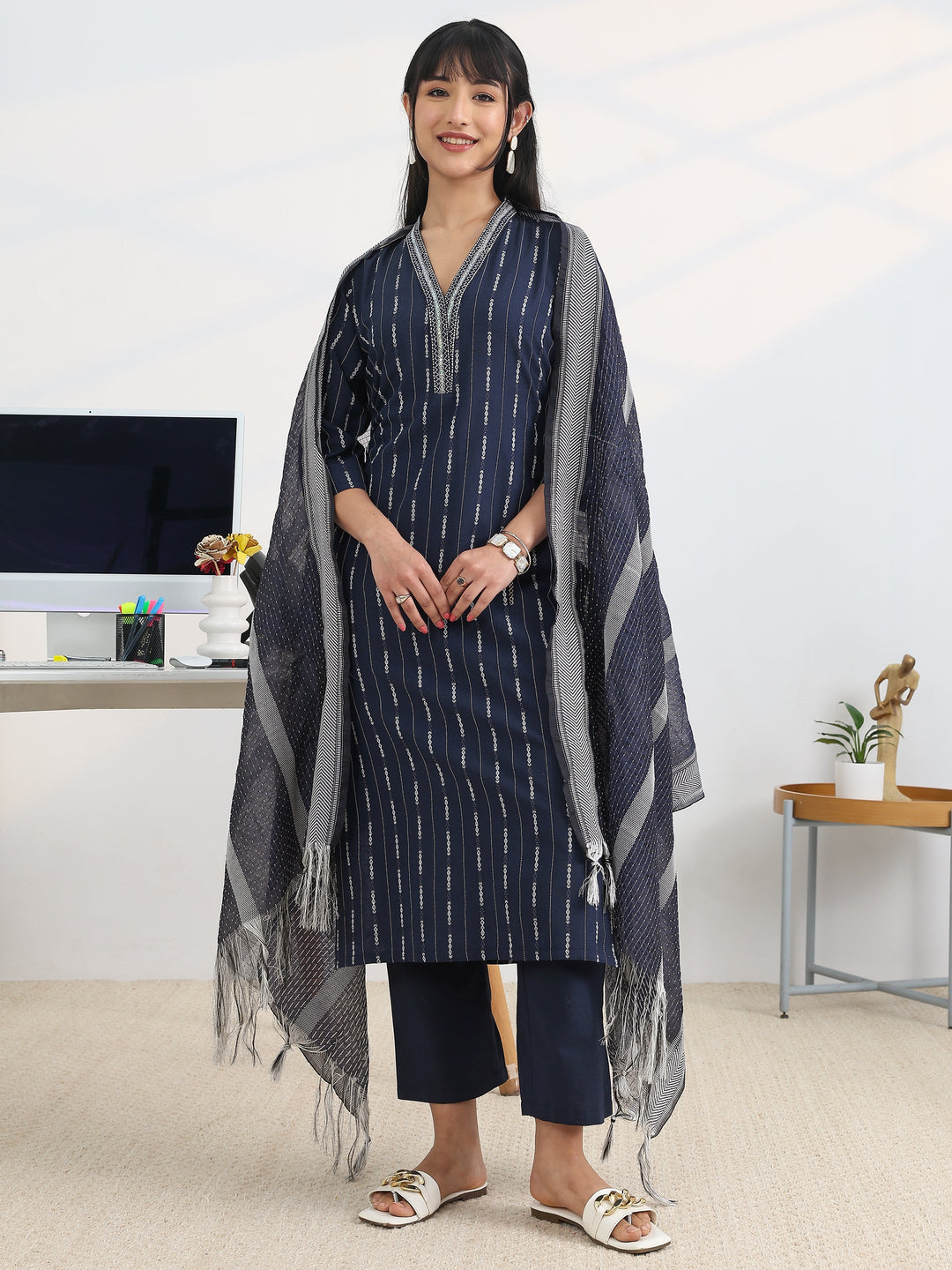  Navy blue Woven Design Cotton Blend Straight Suit Set With Dupatta 