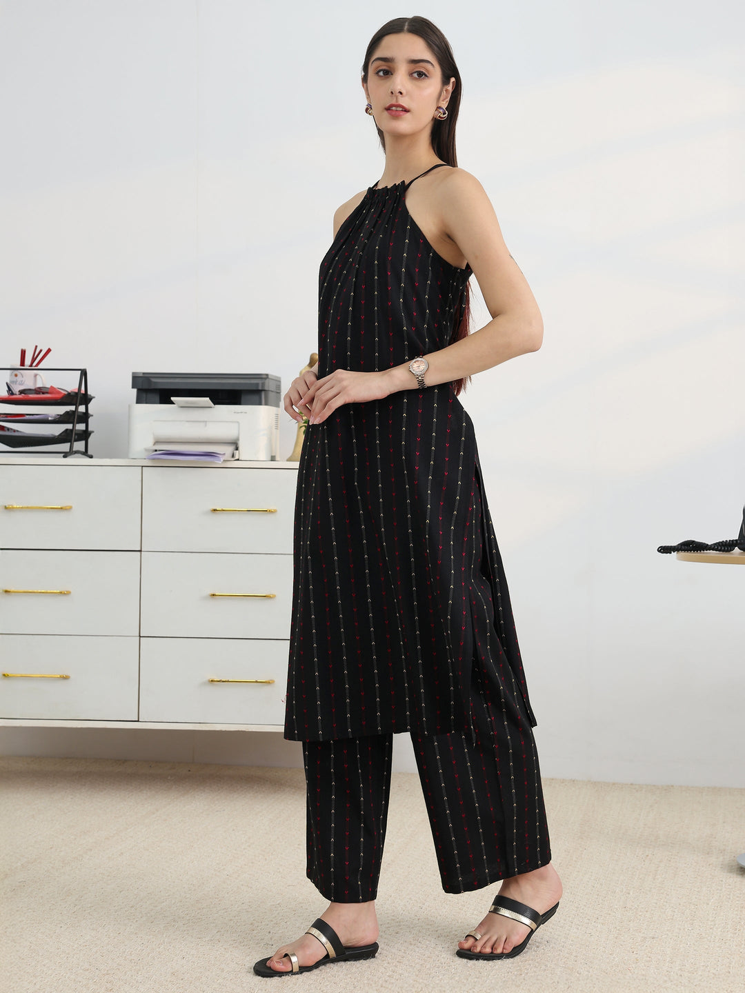  Black Woven Design Cotton Blend Straight Kurta Set 