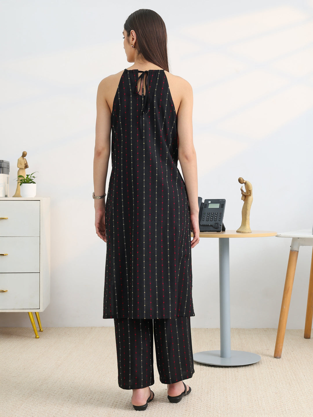  Black Woven Design Cotton Blend Straight Kurta Set 