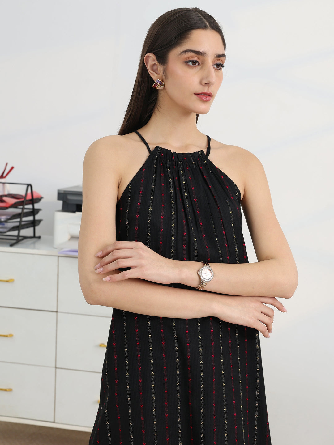  Black Woven Design Cotton Blend Straight Kurta Set 