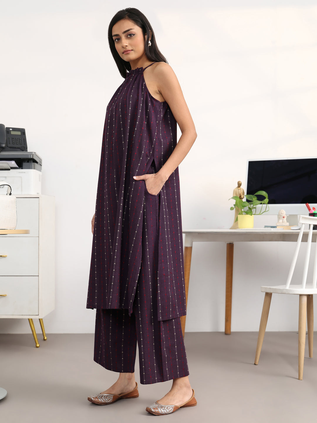  Burgundy Striped Woven Design Cotton Blend A-Line Kurta Set 