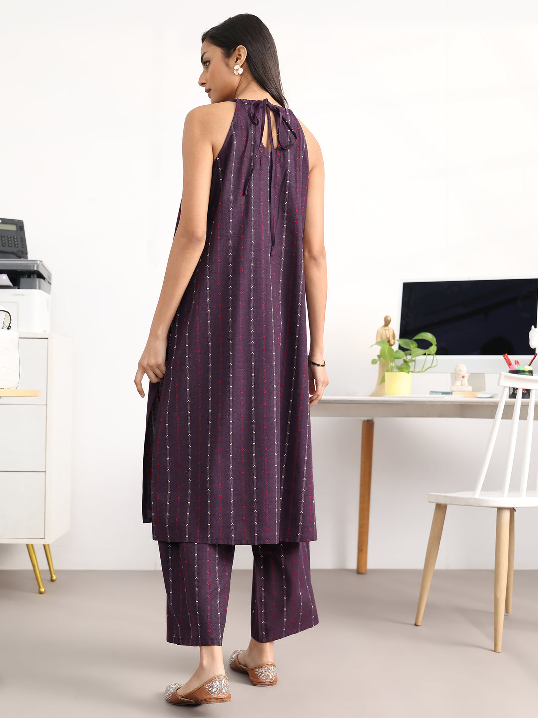  Burgundy Striped Woven Design Cotton Blend A-Line Kurta Set 