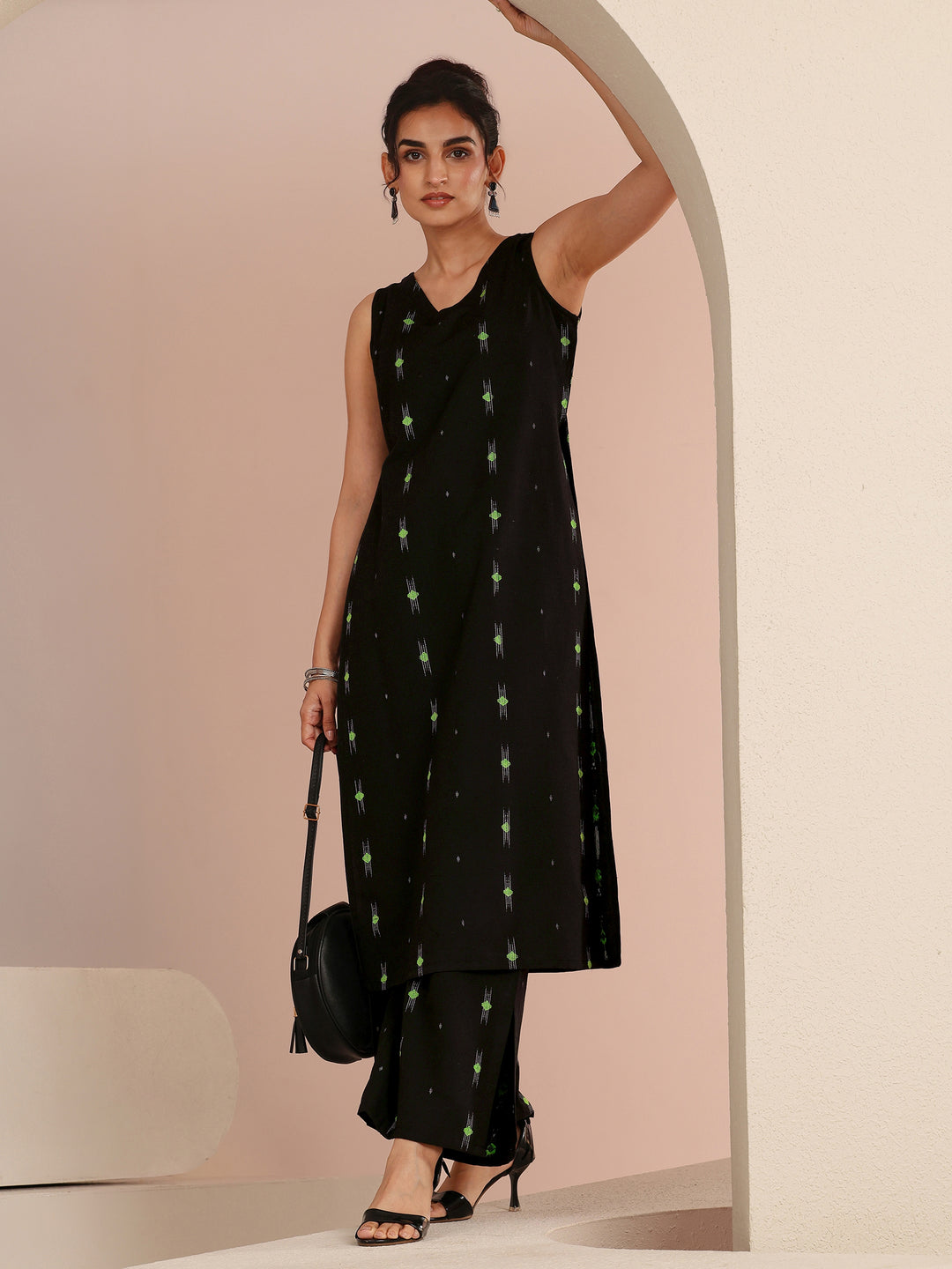  Black Woven Design Cotton Blend Straight Kurta Set 