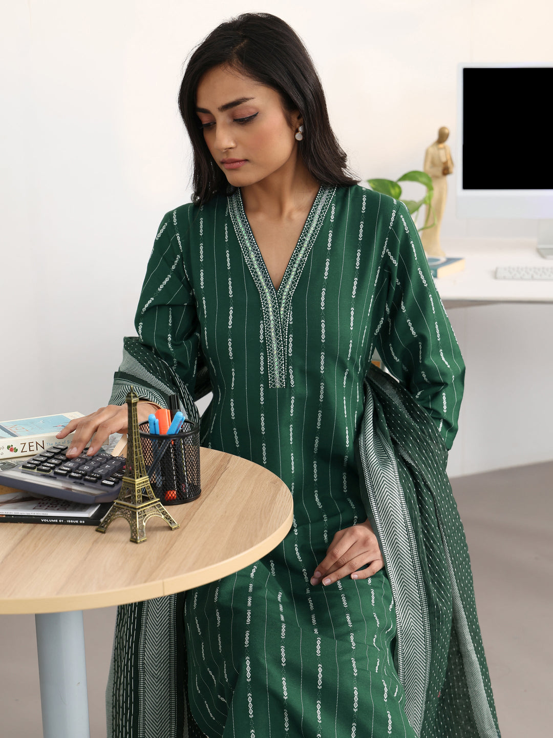  Green Striped Woven Design Cotton Blend Straight Suit Set With Dupatta 