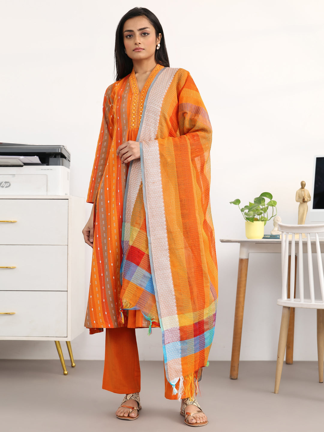  Orange Striped Woven Design Cotton Blend A-Line Suit Set With Dupatta 