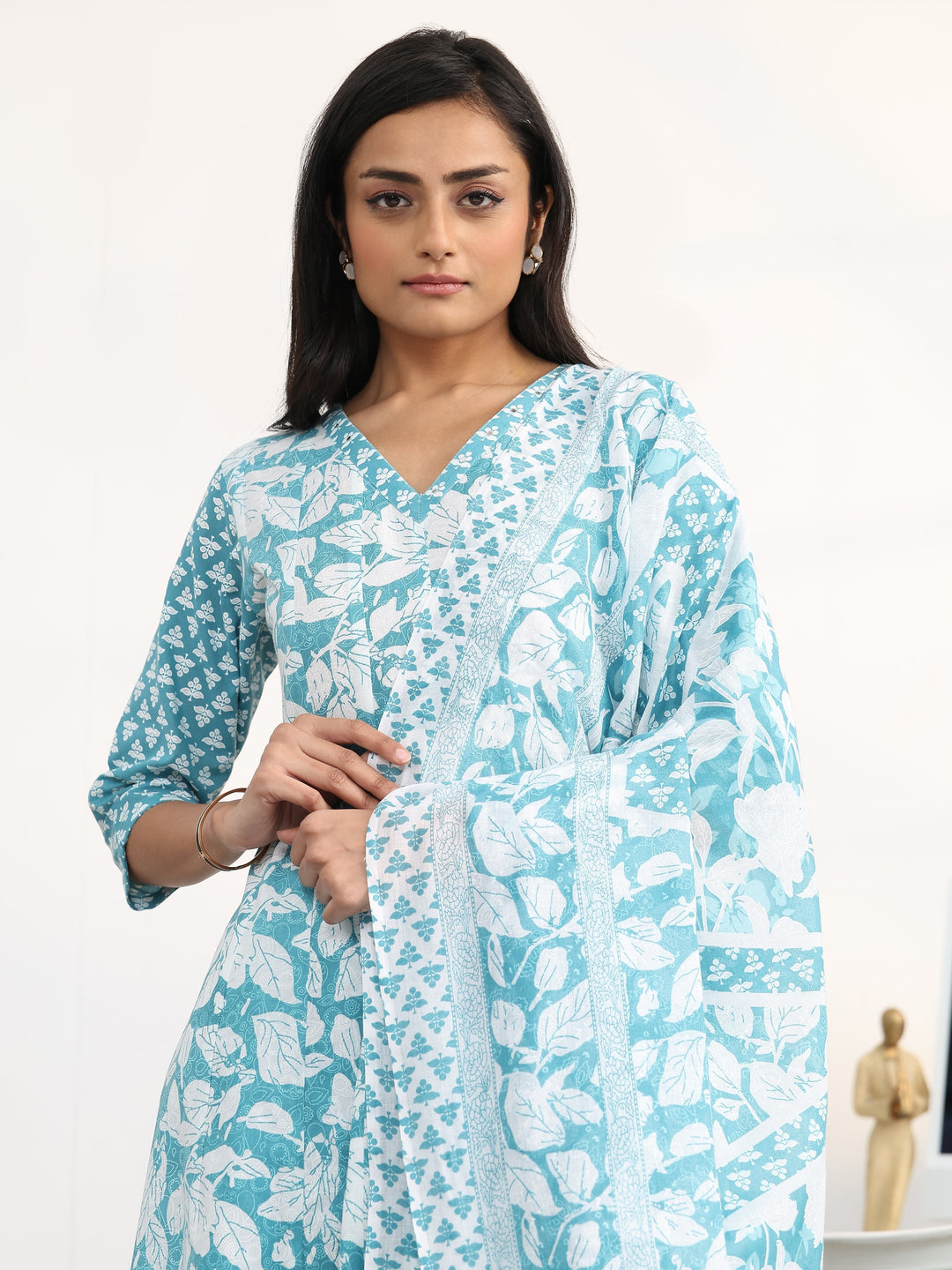  Blue Floral Printed Cotton Blend Anarkali Suit Set With Dupatta 