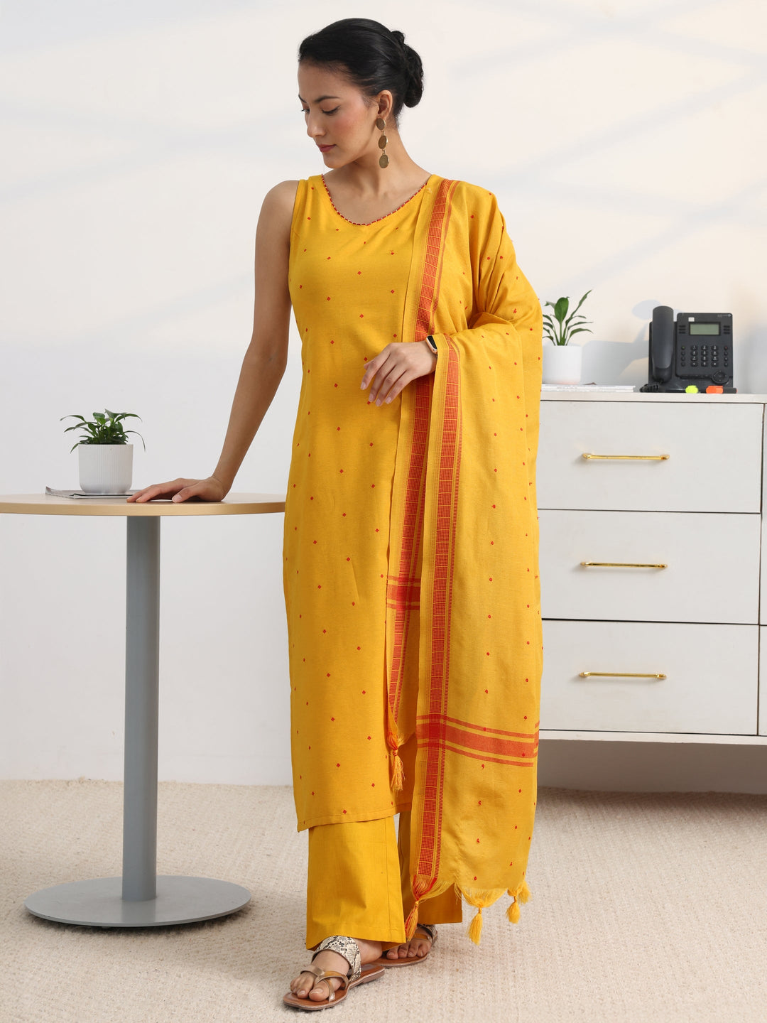  Yellow Woven Design Cotton Blend Straight Suit Set With Dupatta 