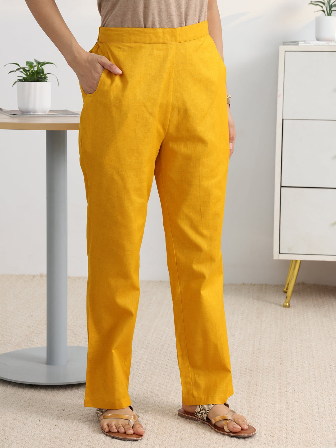  Yellow Woven Design Cotton Blend Straight Suit Set With Dupatta 