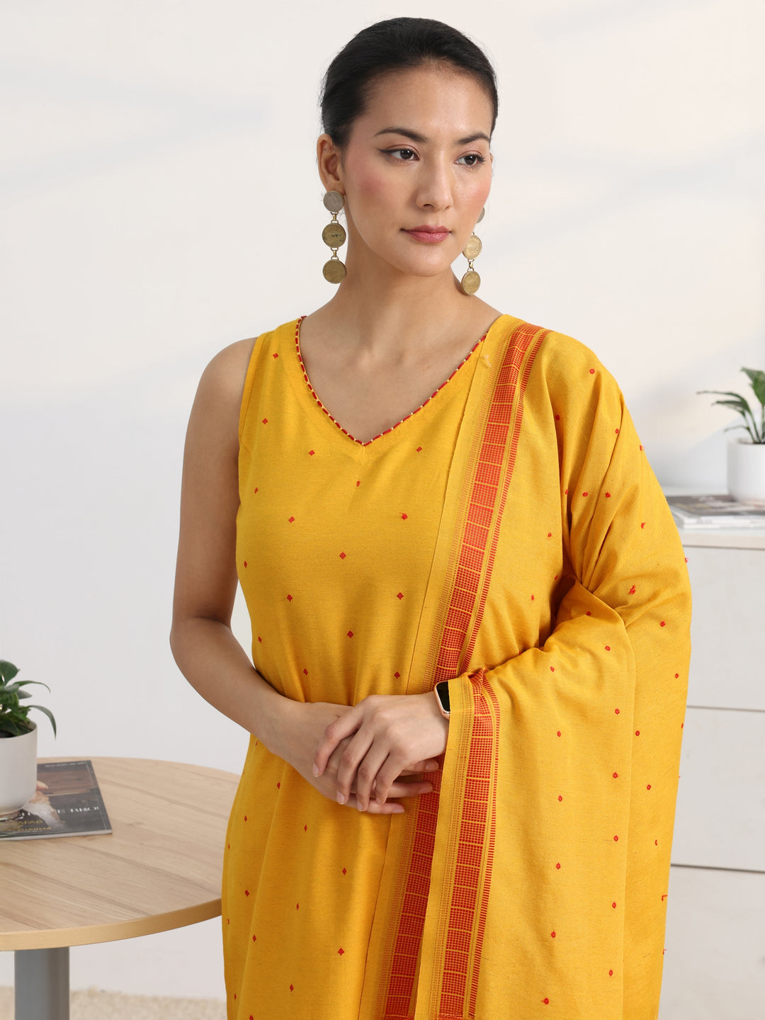  Yellow Woven Design Cotton Blend Straight Suit Set With Dupatta 