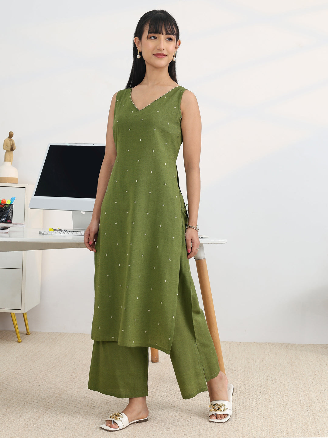  Olive Woven Design Cotton Blend Straight Suit Set With Dupatta 