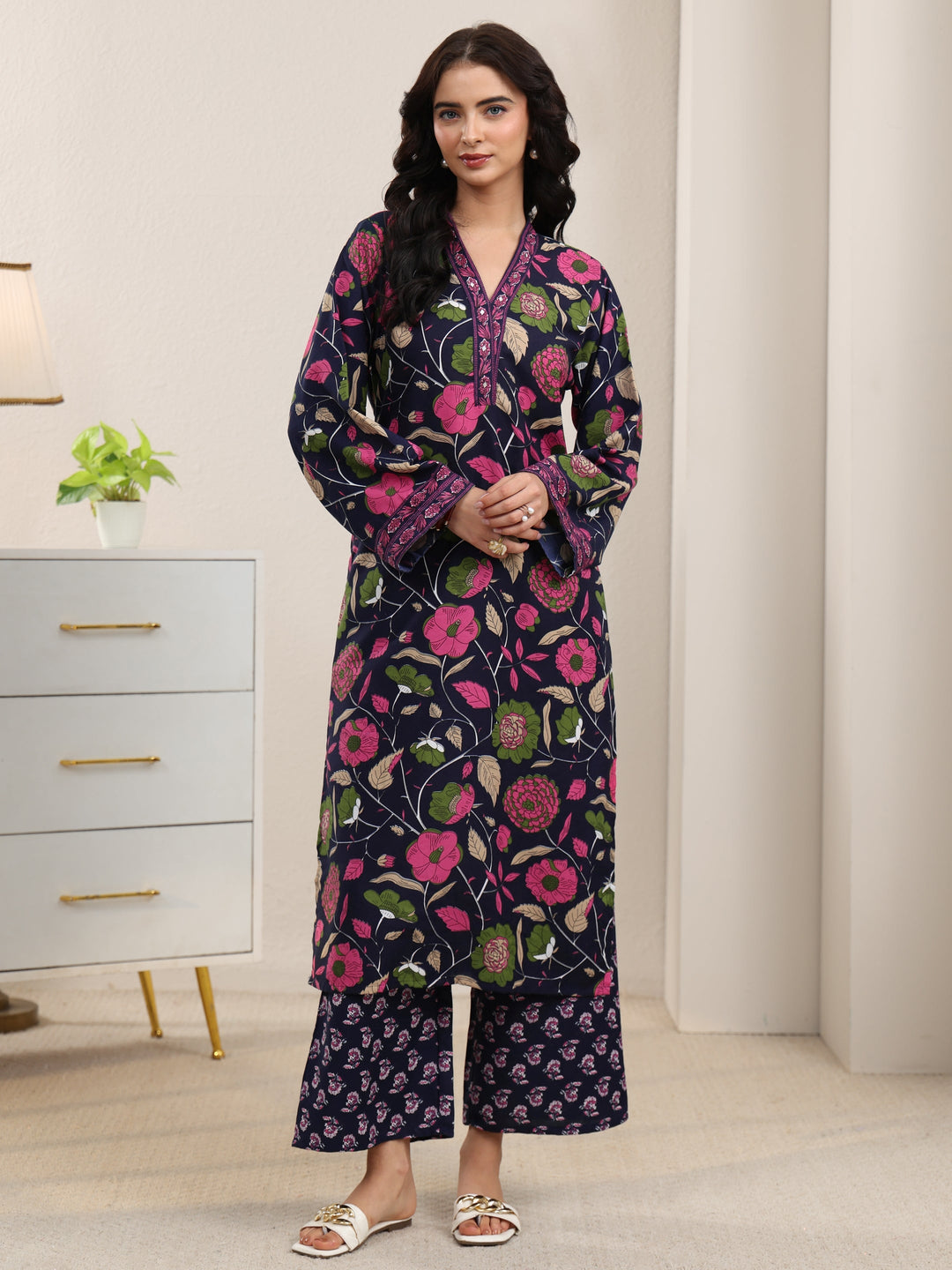  Gerua Navy Blue Floral Printed Cotton Blend Straight Kurta Set 