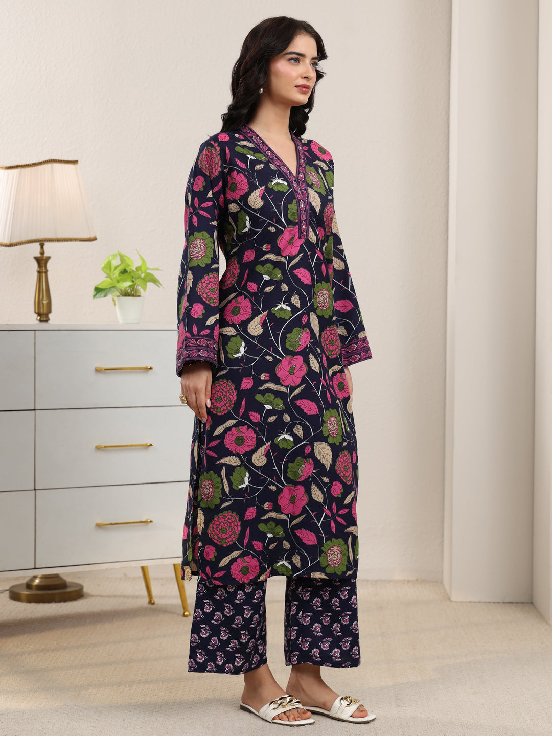  Gerua Navy Blue Floral Printed Cotton Blend Straight Kurta Set 