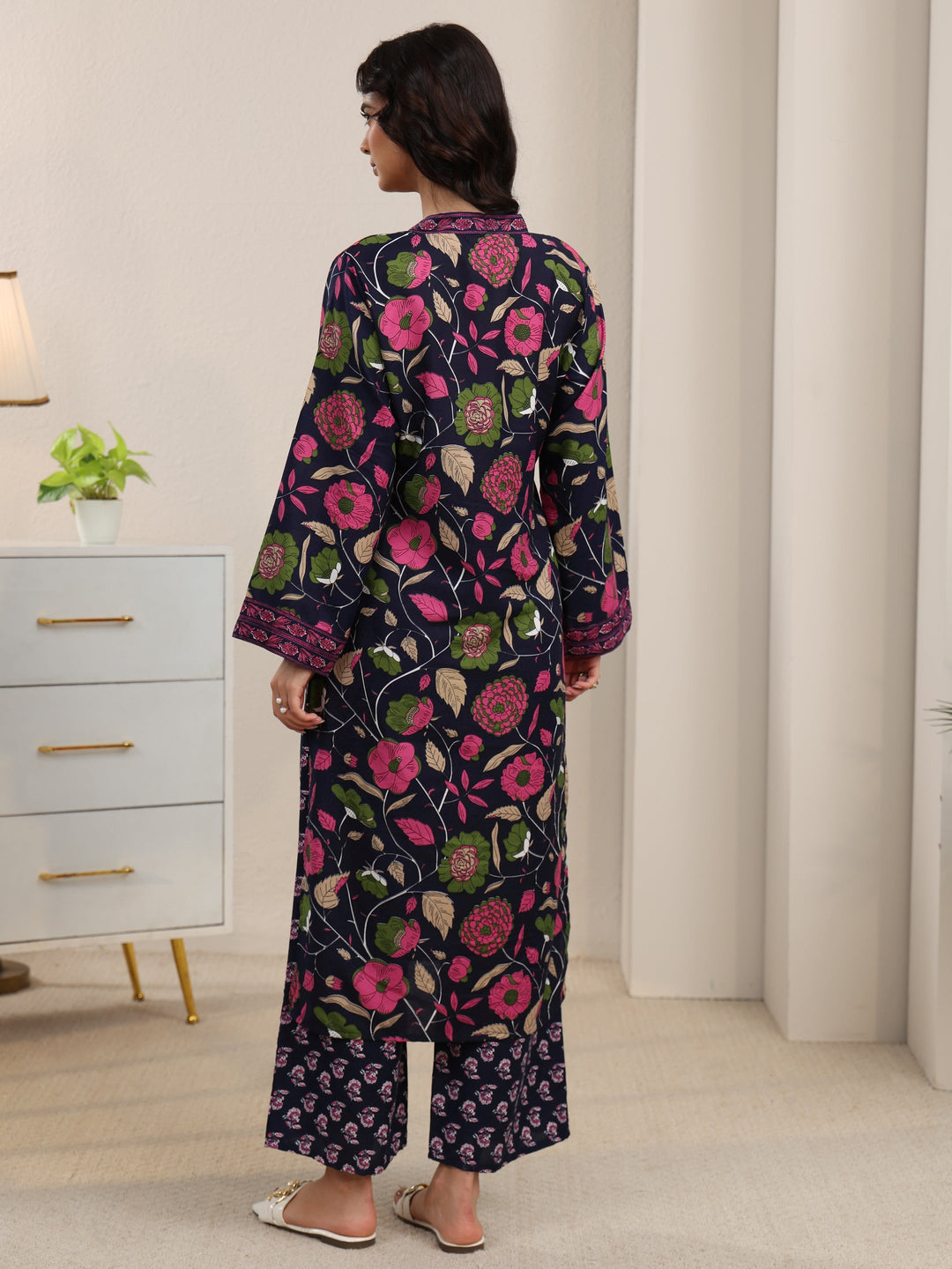  Gerua Navy Blue Floral Printed Cotton Blend Straight Kurta Set 