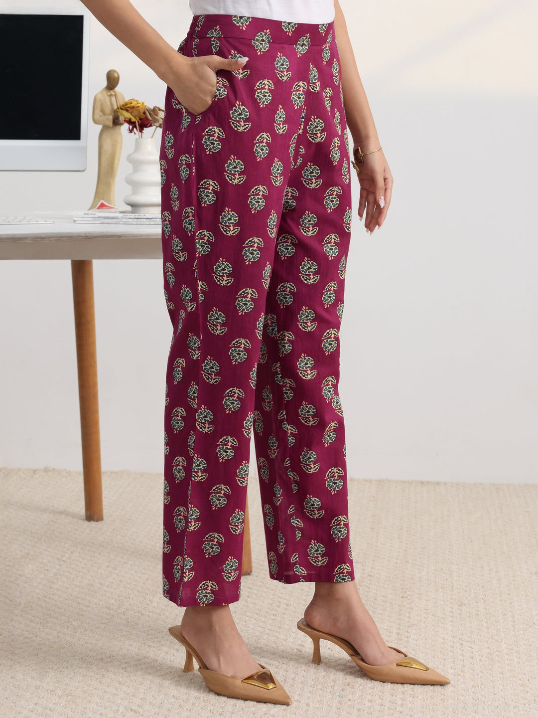  Burgundy Floral Printed Cotton Blend A-Line Kurta Set 