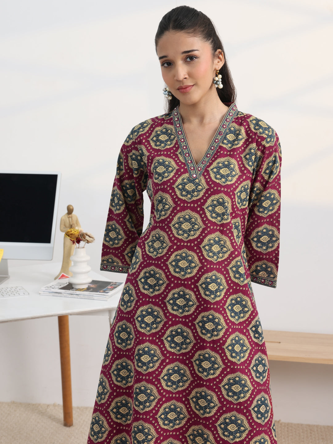  Burgundy Floral Printed Cotton Blend A-Line Kurta Set 