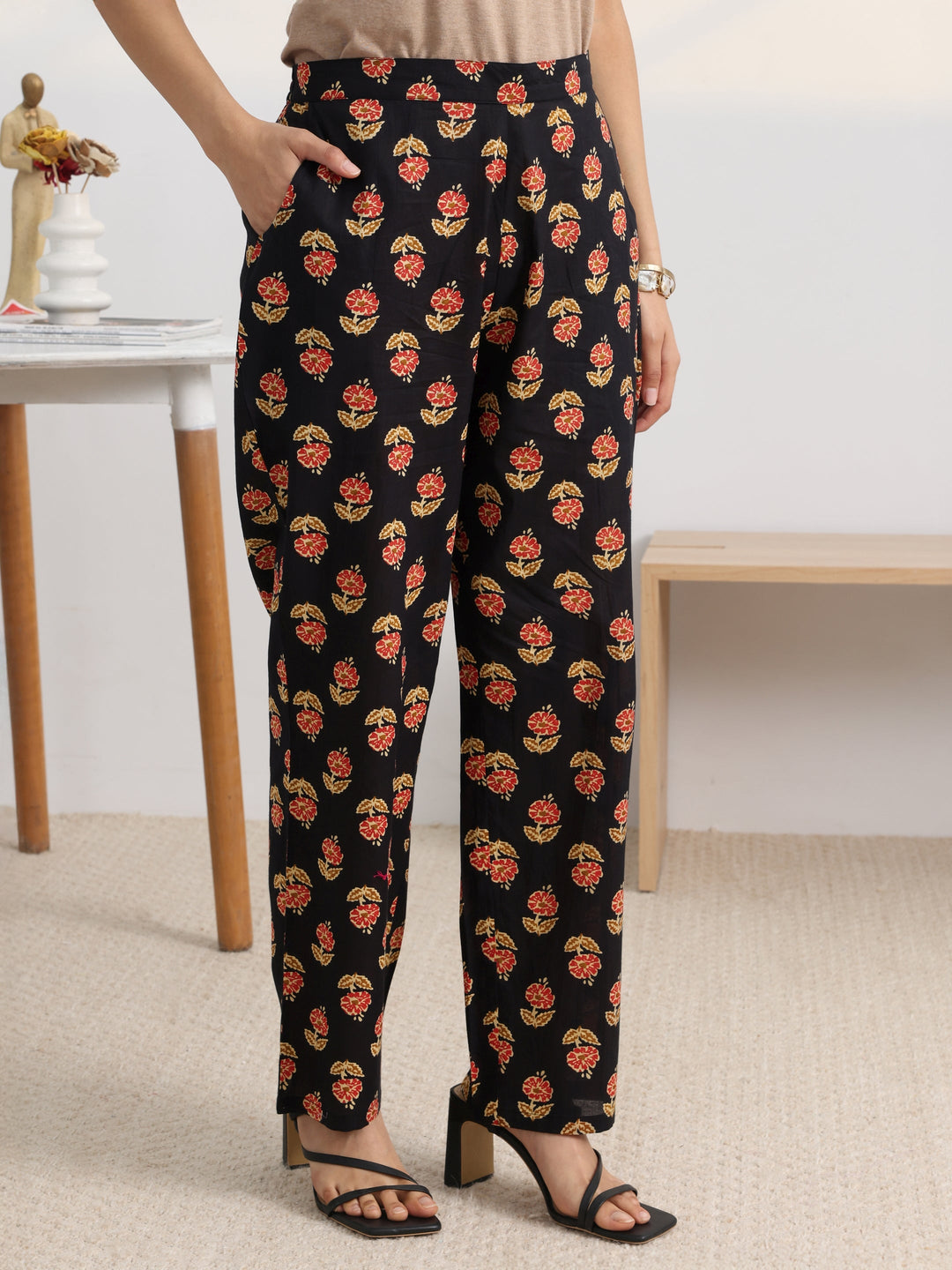  Black Floral Printed Cotton Blend A-Line Kurta Set 