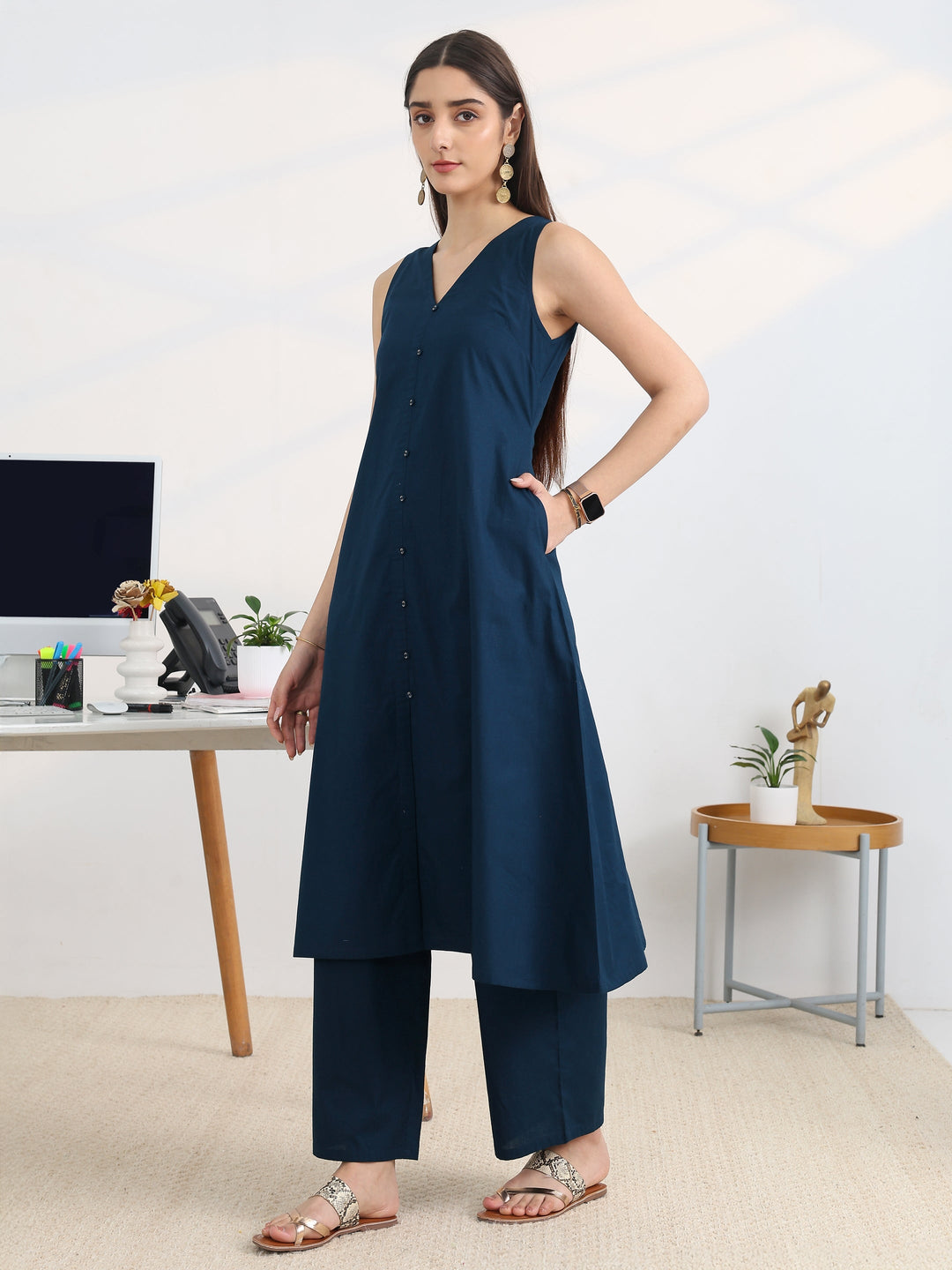  Navy blue Solid Cotton Blend A-Line Suit Set With Dupatta 