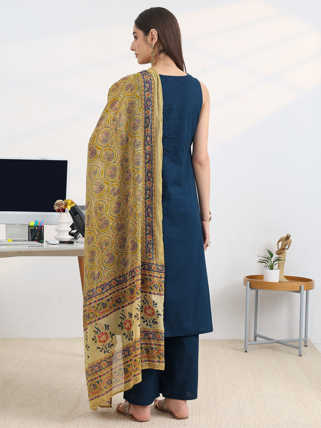  Navy blue Solid Cotton Blend A-Line Suit Set With Dupatta 