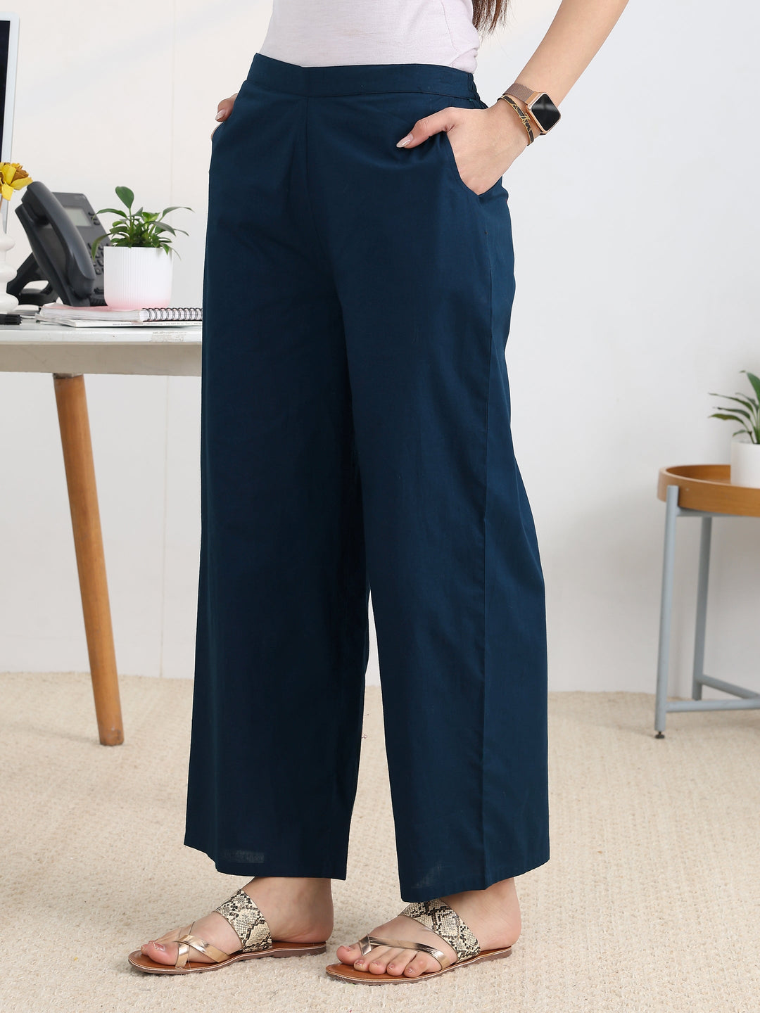  Navy blue Solid Cotton Blend A-Line Suit Set With Dupatta 