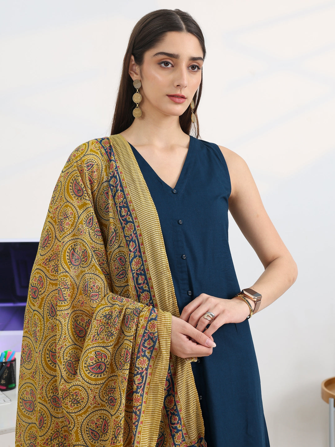  Navy blue Solid Cotton Blend A-Line Suit Set With Dupatta 