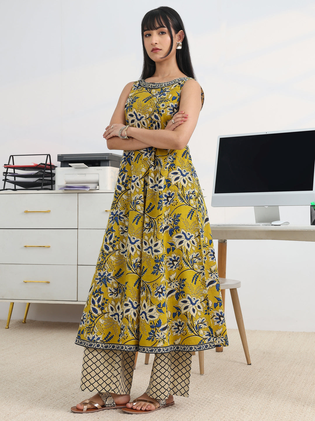  Yellow Printed Cotton Blend Anarkali Suit Set With Dupatta 