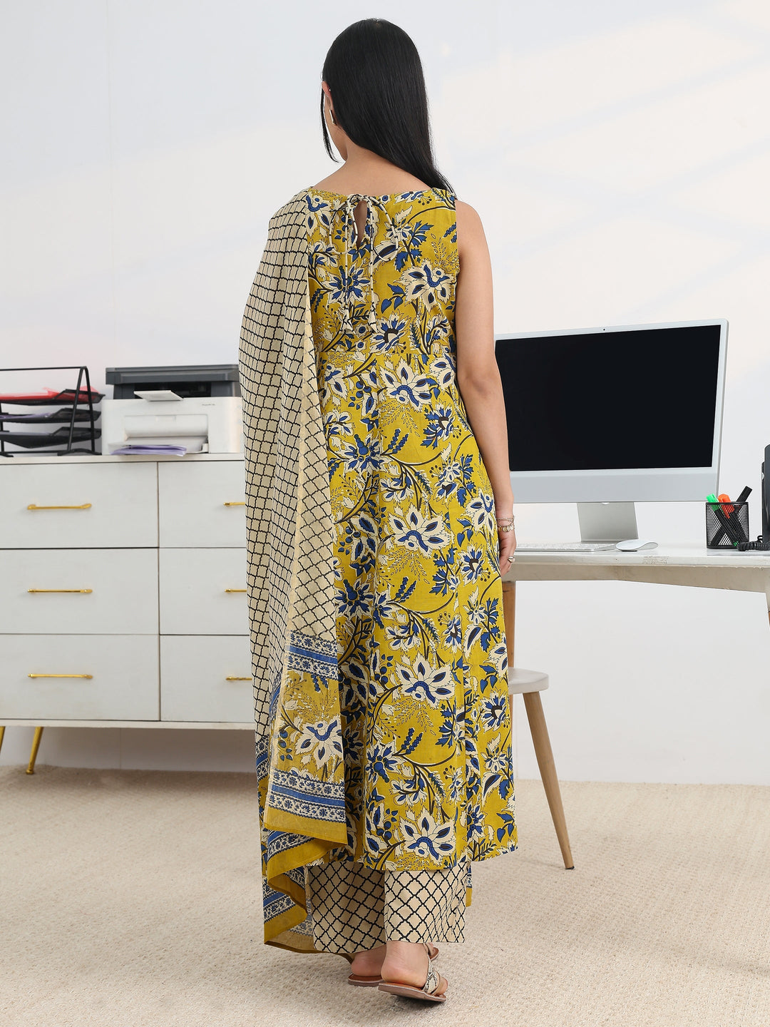  Yellow Printed Cotton Blend Anarkali Suit Set With Dupatta 