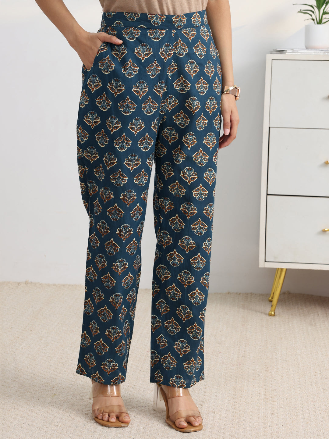  Blue Floral Printed Cotton Blend A-Line Suit Set With Dupatta 