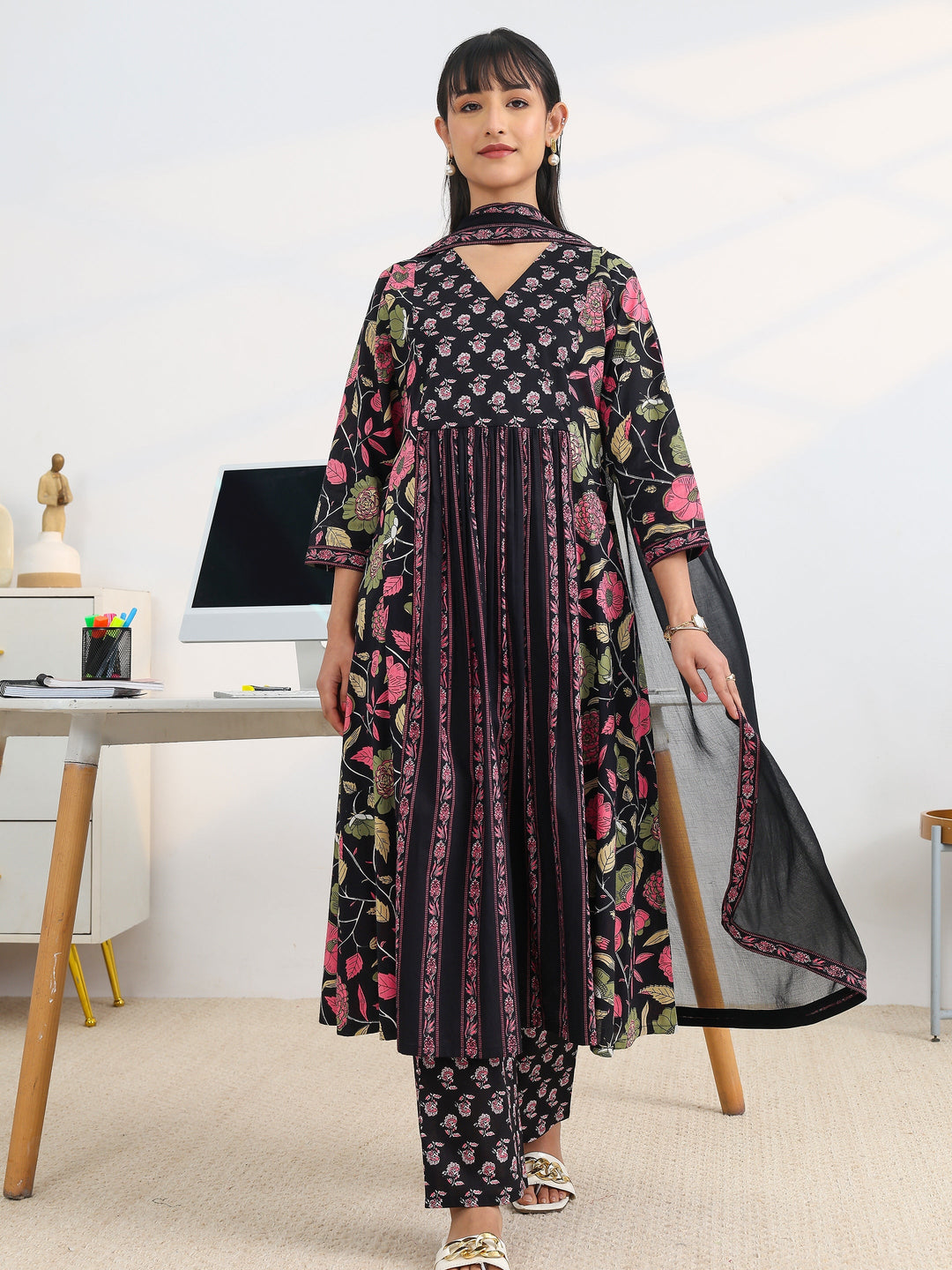  Black Printed Cotton Blend A-Line Suit Set With Dupatta 