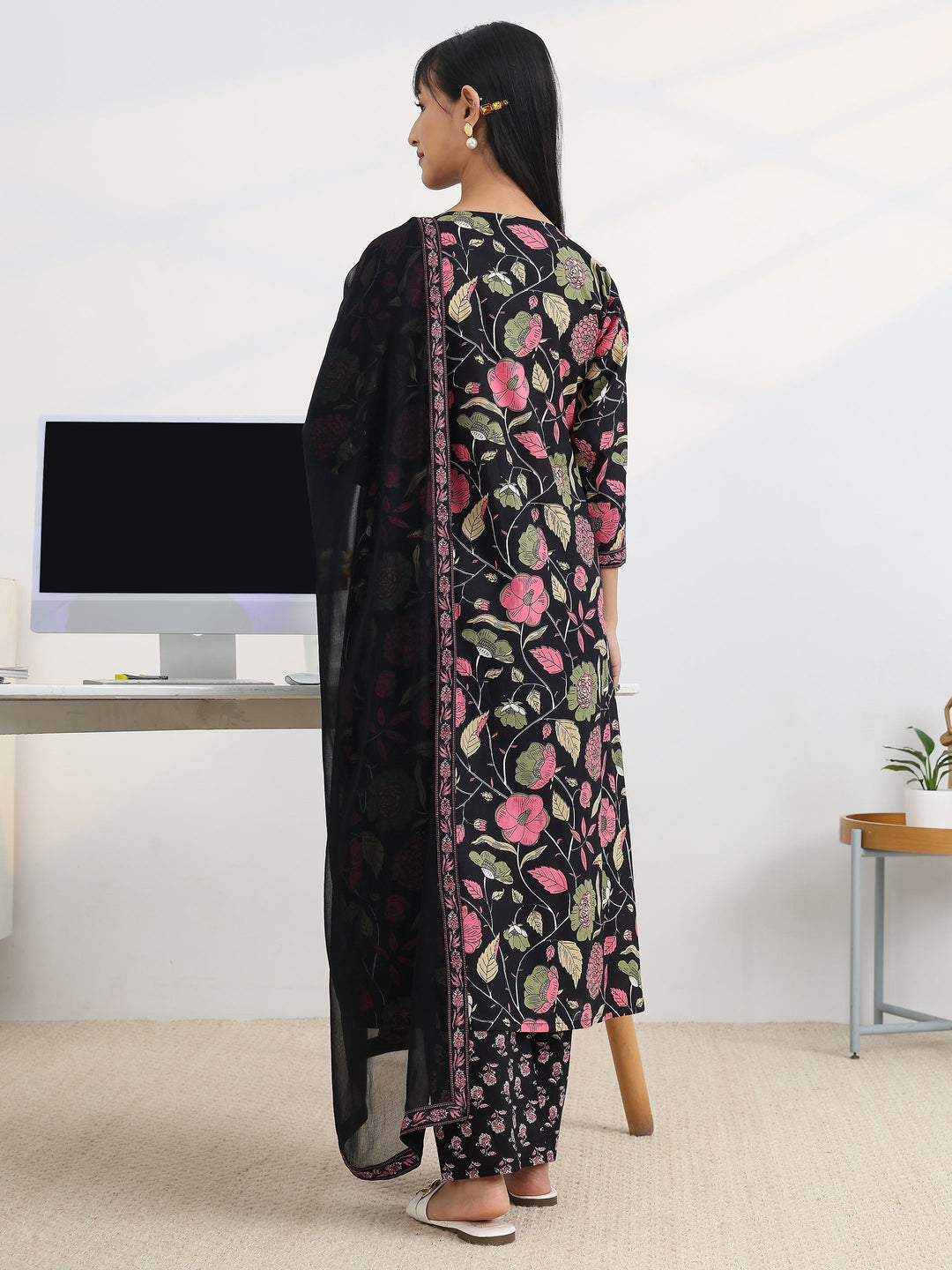  Black Printed Cotton Blend A-Line Suit Set With Dupatta 