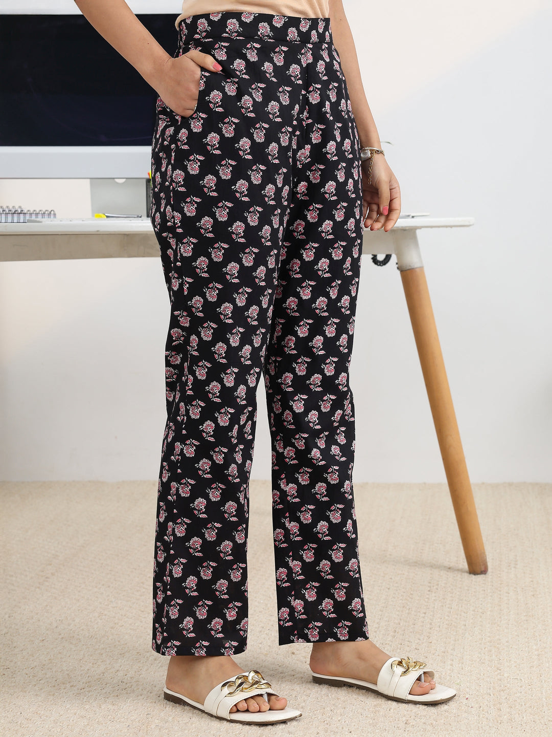  Black Printed Cotton Blend A-Line Suit Set With Dupatta 