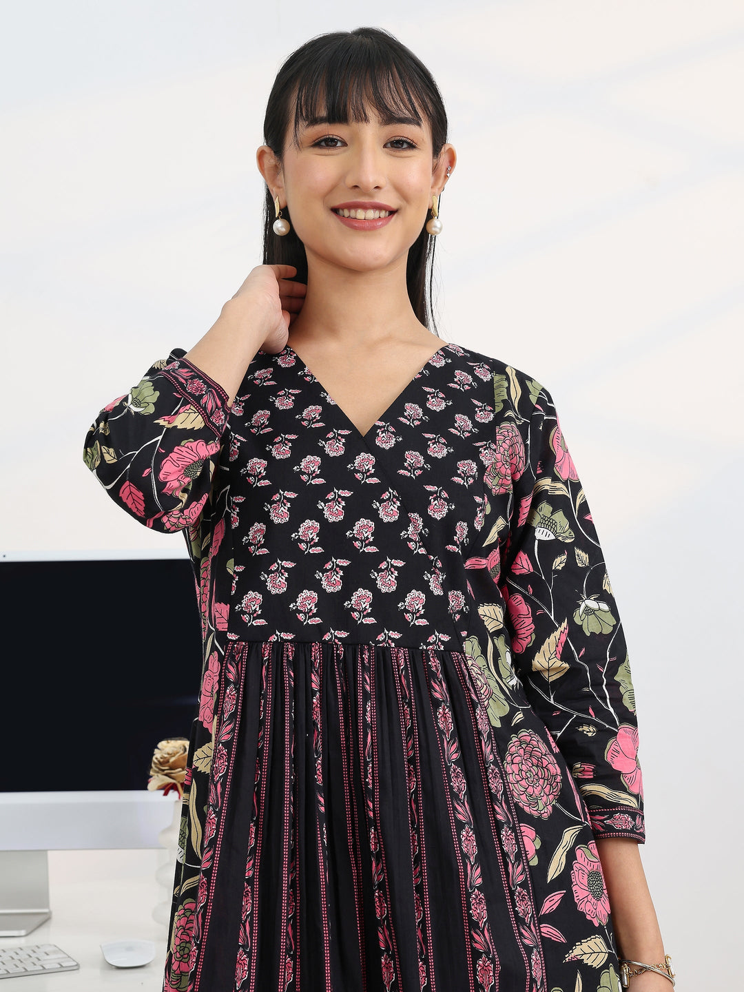  Black Printed Cotton Blend A-Line Suit Set With Dupatta 