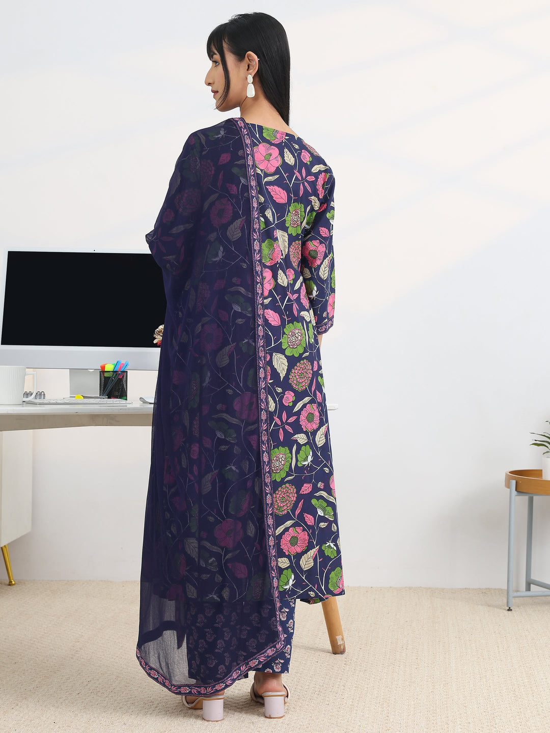  Blue Printed Cotton Blend A-Line Suit Set With Dupatta 