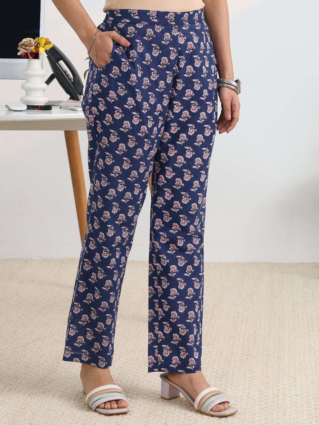  Blue Printed Cotton Blend A-Line Suit Set With Dupatta 