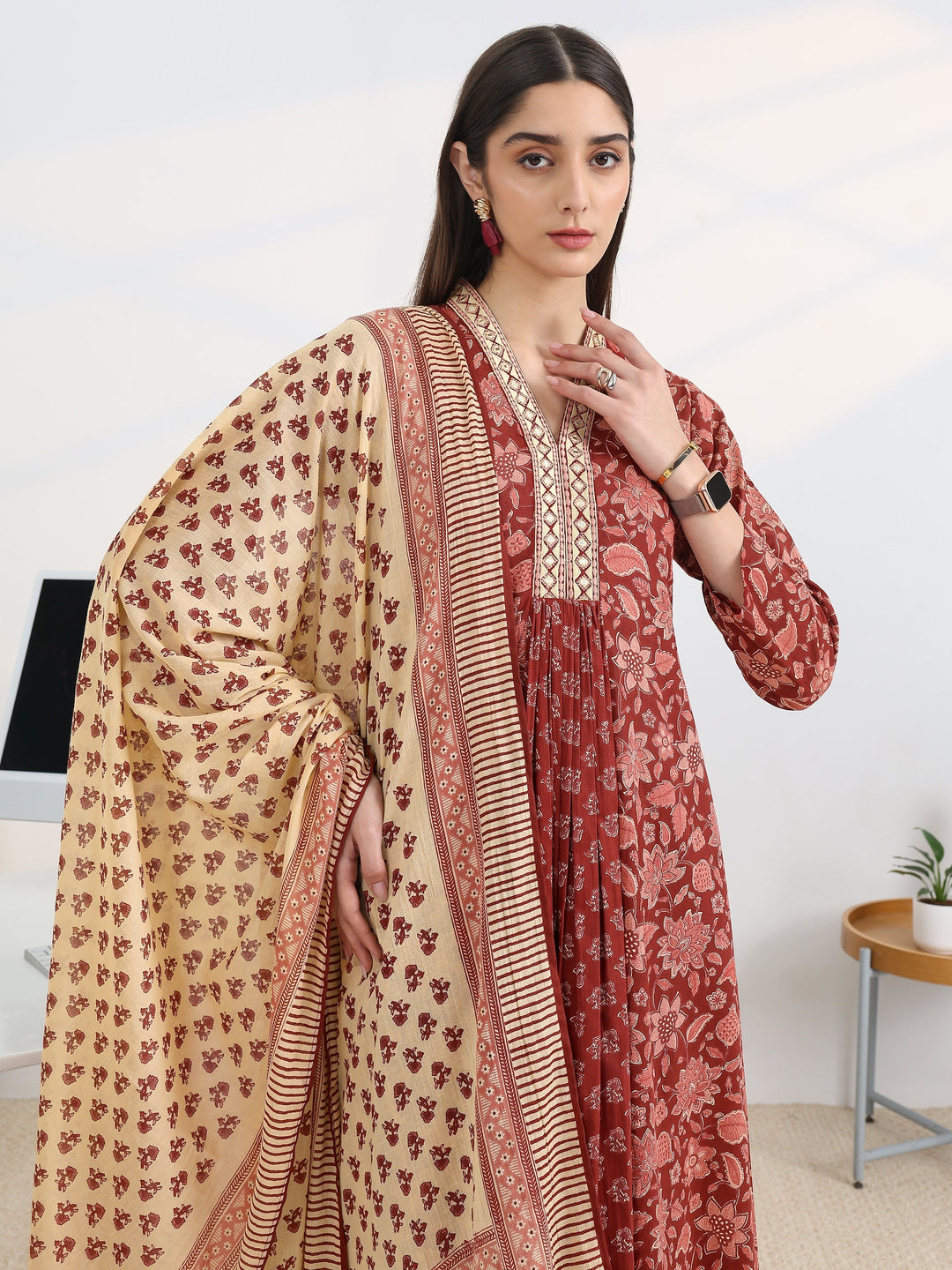  Rust Printed Cotton Blend A-Line Suit Set With Dupatta 