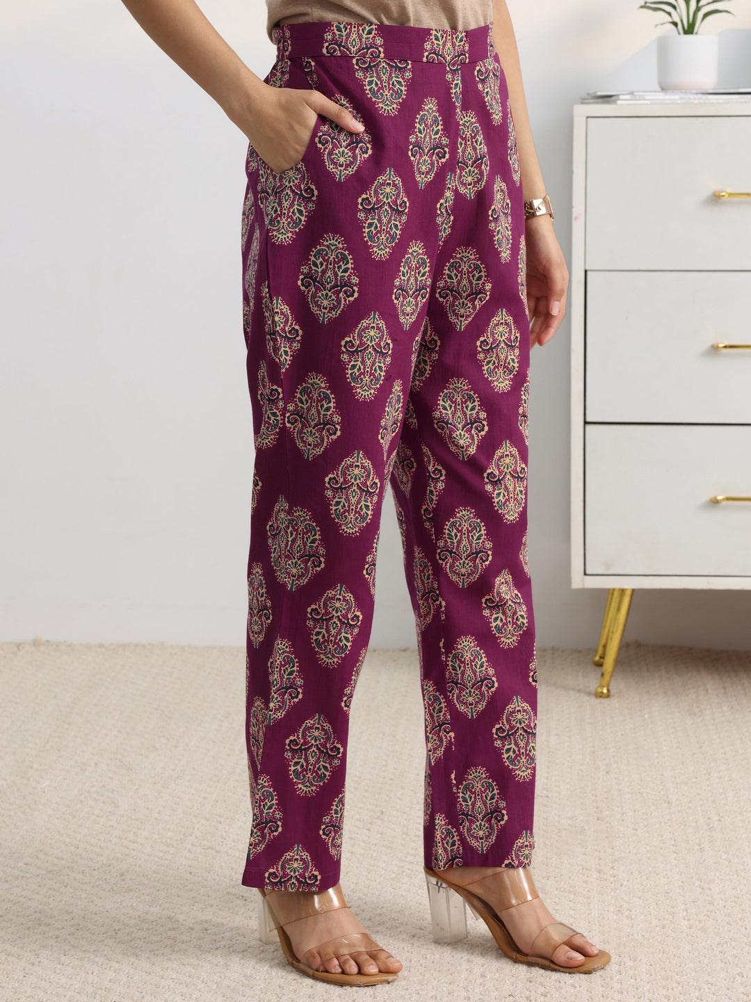  Burgundy Floral Printed Cotton Blend A-Line Suit Set With Dupatta 