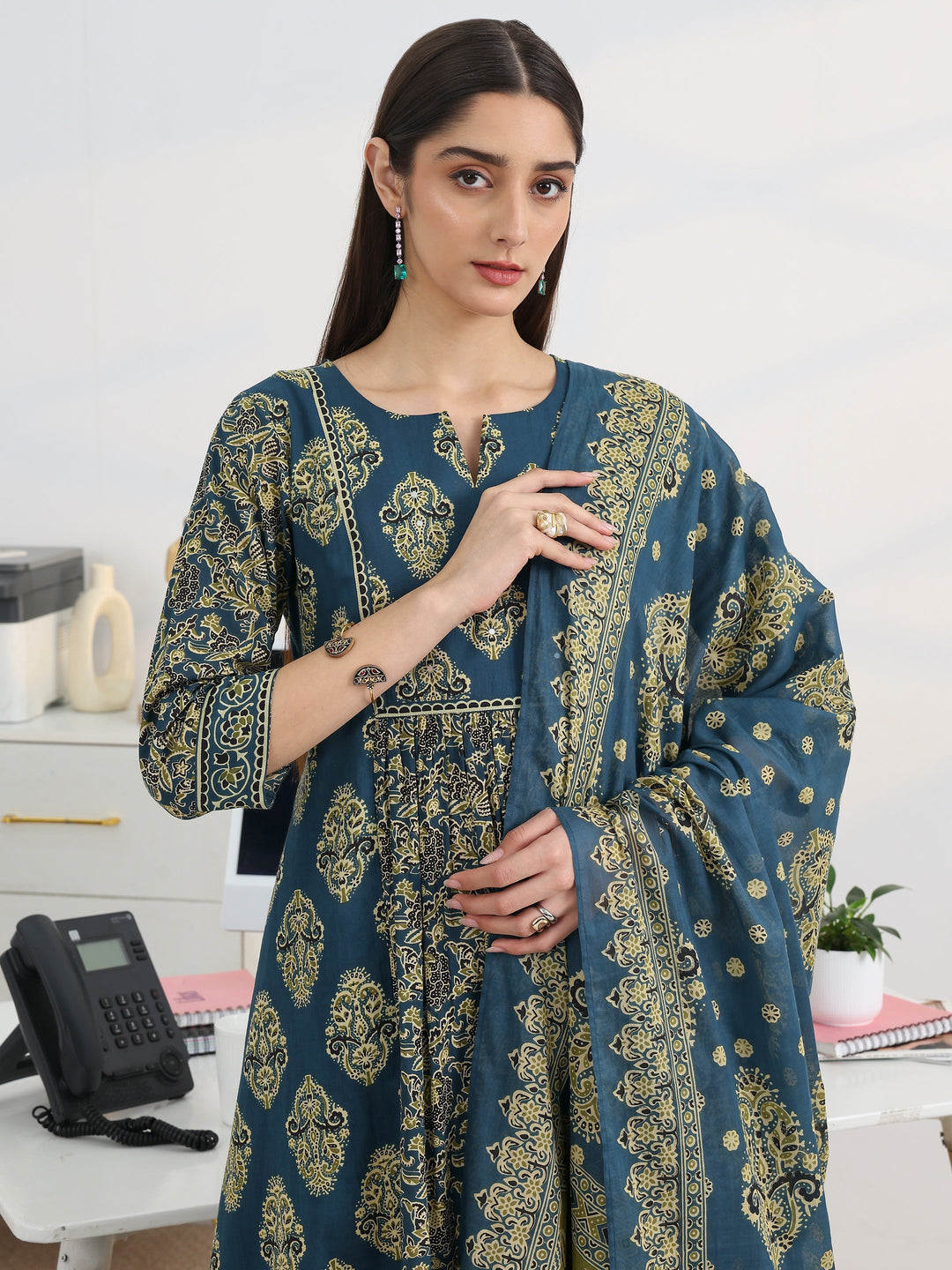  Blue Printed Cotton Blend A-Line Suit Set With Dupatta 