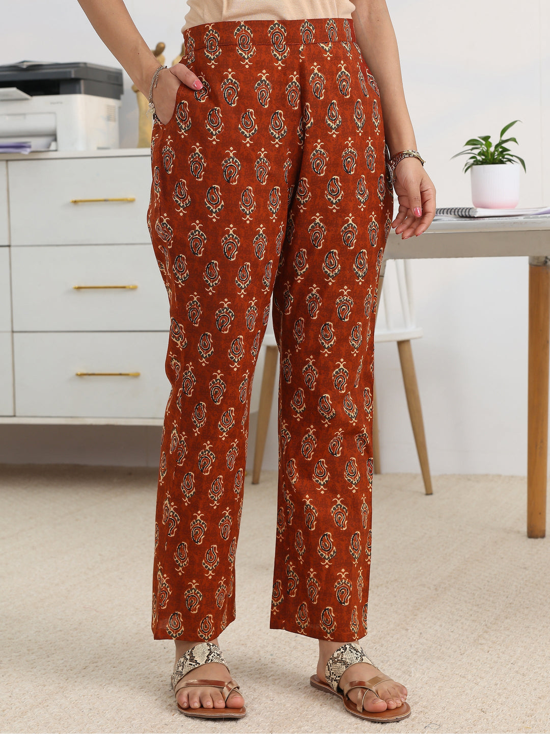  Rust Printed Cotton Blend A-Line Suit Set With Dupatta 