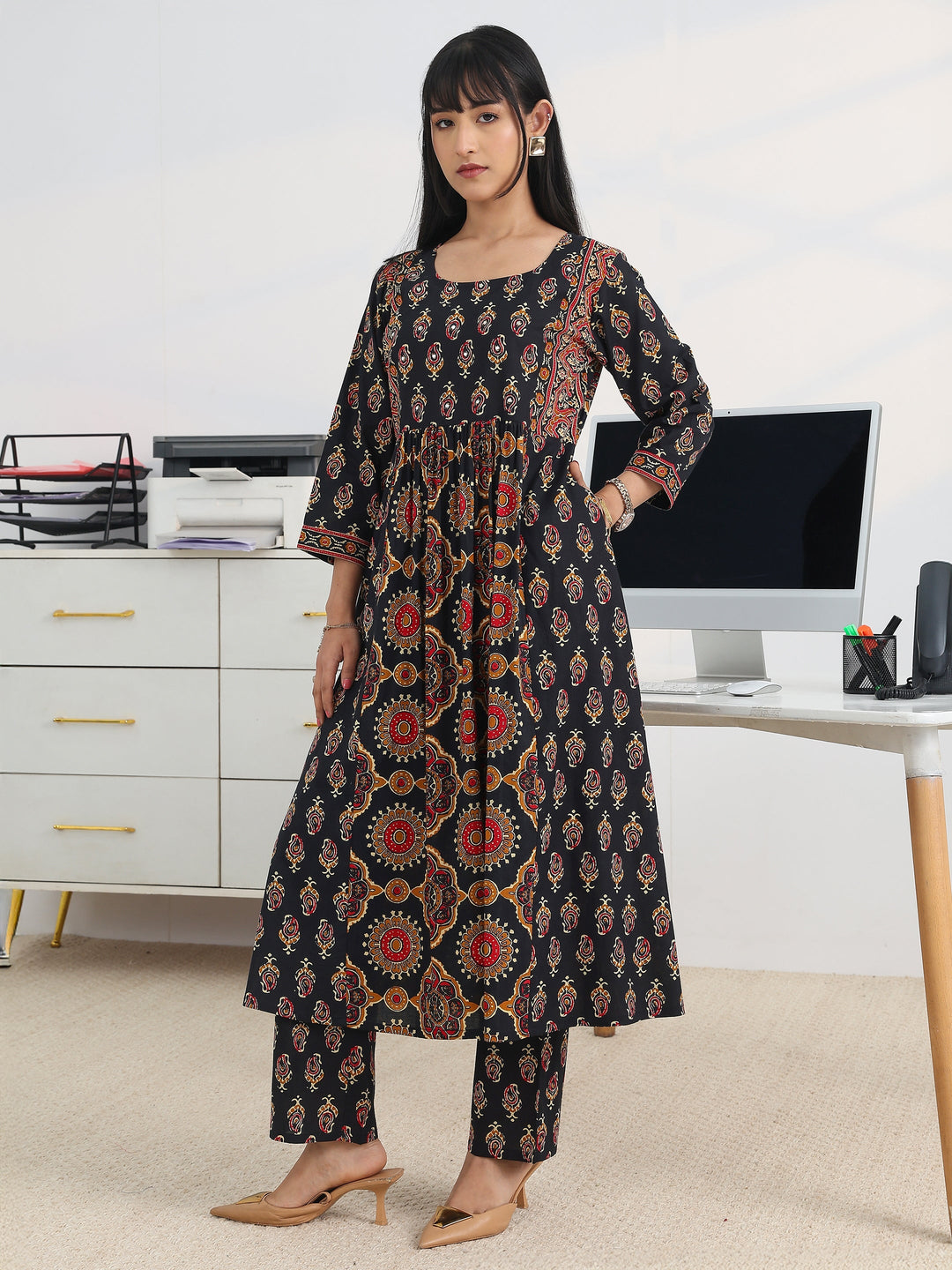  Black Printed Cotton Blend A-Line Suit Set With Dupatta 