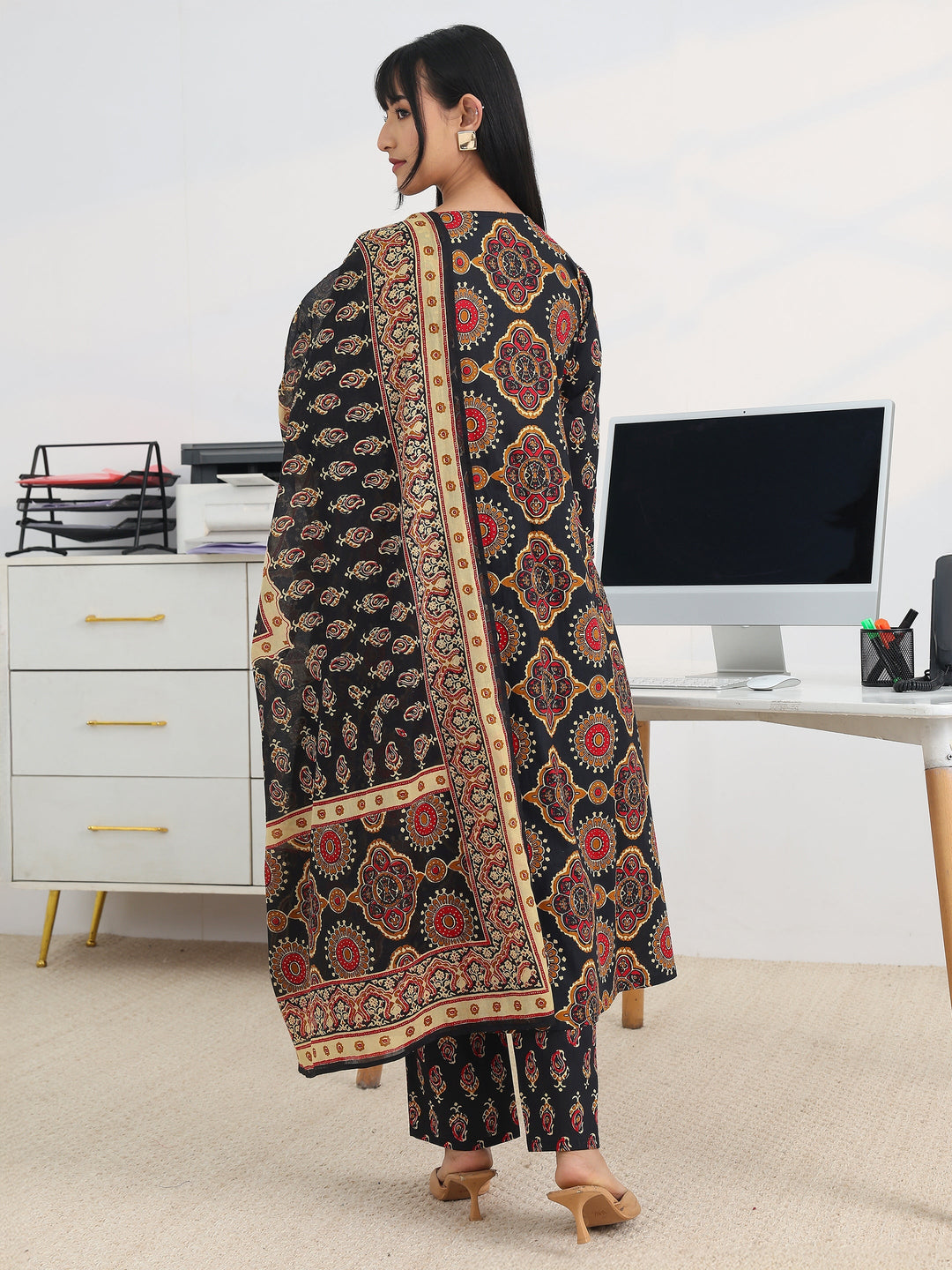  Black Printed Cotton Blend A-Line Suit Set With Dupatta 