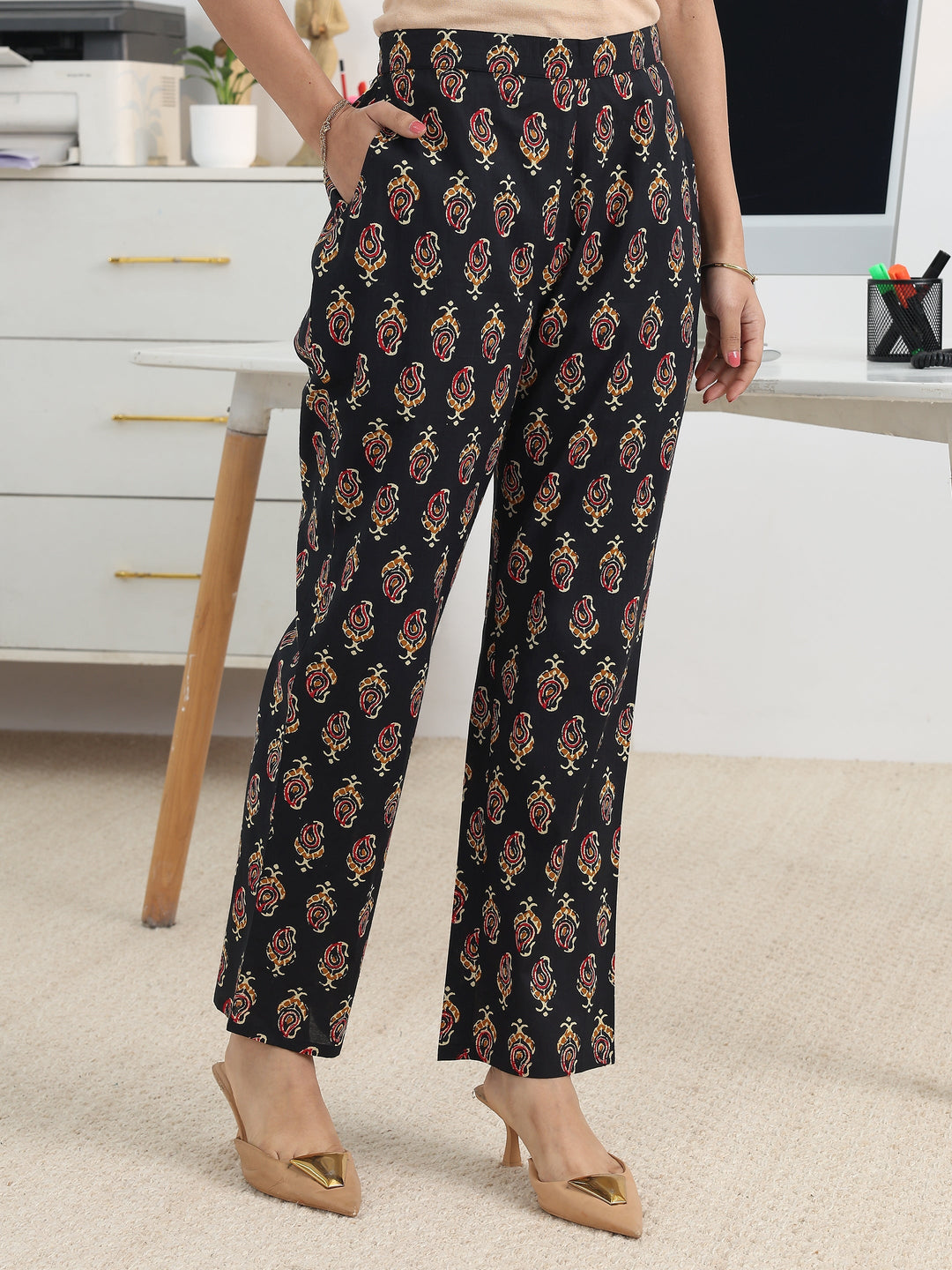  Black Printed Cotton Blend A-Line Suit Set With Dupatta 