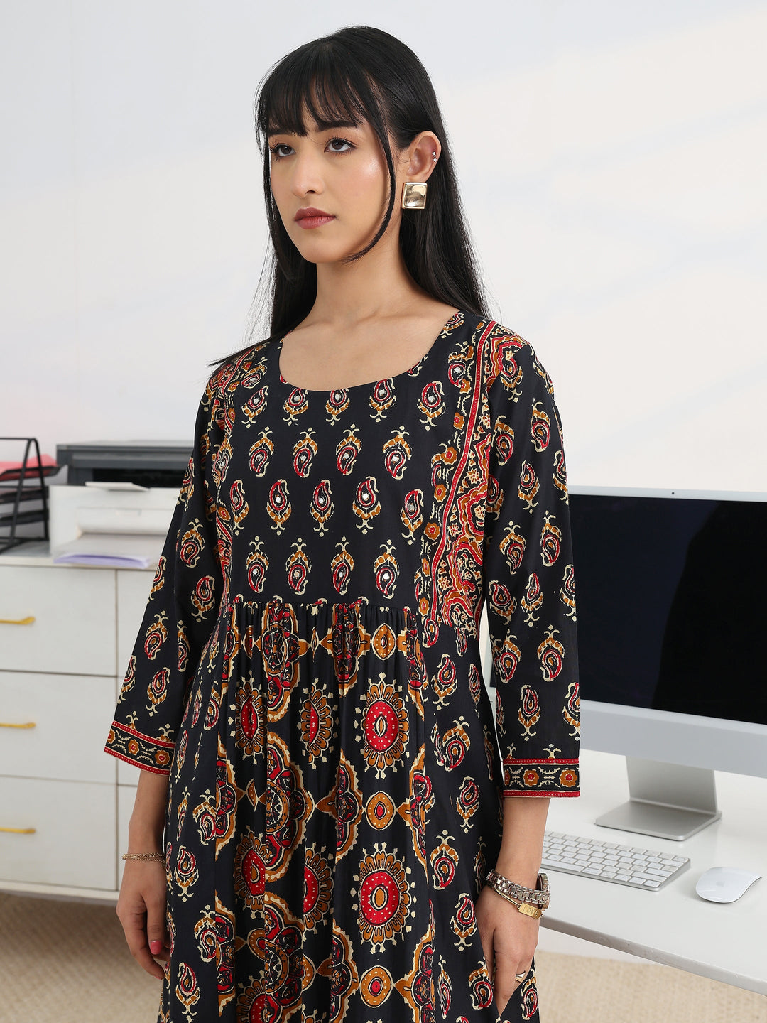  Black Printed Cotton Blend A-Line Suit Set With Dupatta 