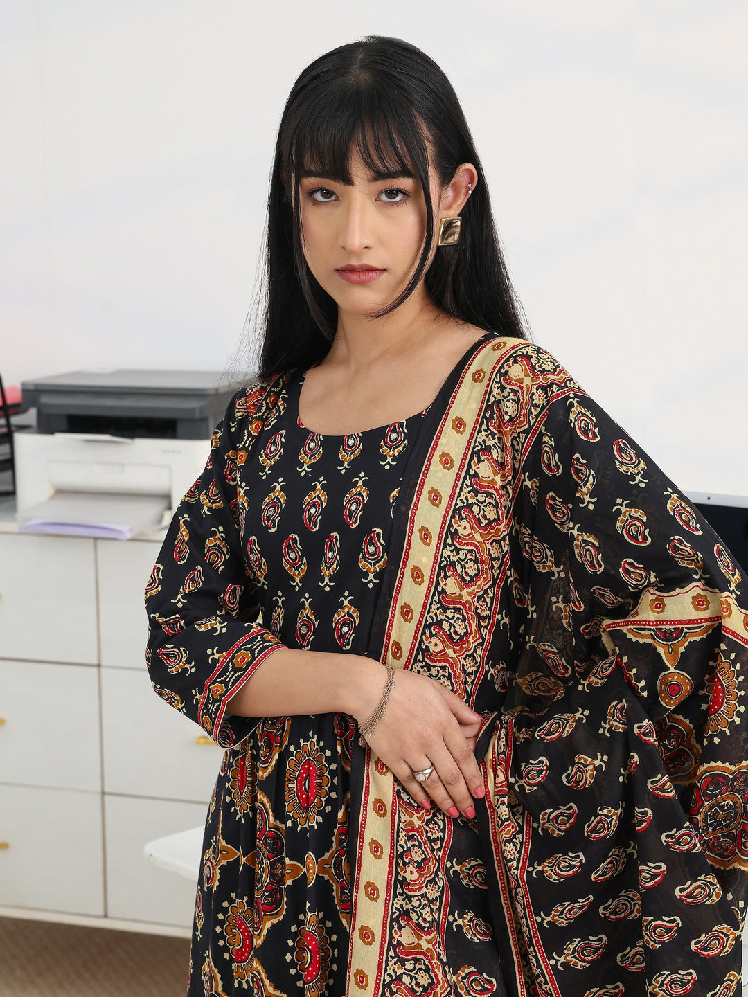  Black Printed Cotton Blend A-Line Suit Set With Dupatta 
